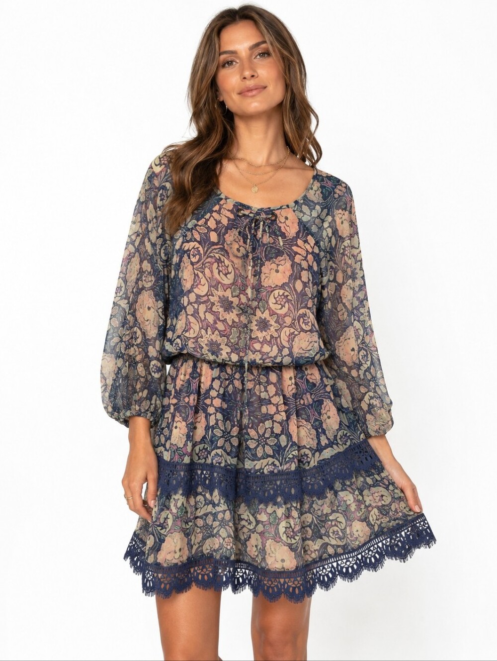 Foxiedox Boho Floral Lace Trim Tunic Dress Small Blue Pink Peasant